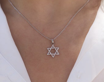 Star Of David Necklace in 14K Solid Gold Natural Diamonds