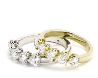 Heart Diamond ring , Love Ring, Diamond 5 stone Heart Ring , Stacking Ring,  Diamond Ring for Mom, Wedding Band 5 Heart Diamonds.