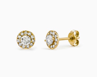 Diamond Disc Earrings Round Shape Halo Style Ladies Sparkling Diamond Earrings, Every Day Earrings, Halo Diamond Earrings, 14K Gold Earrings