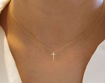 Tiny Diamond Cross Necklace in 14K Yellow, White or Rose Gold- Cross Necklace, Diamond Cross Pendant, Religious Diamond Necklace, Labor Day