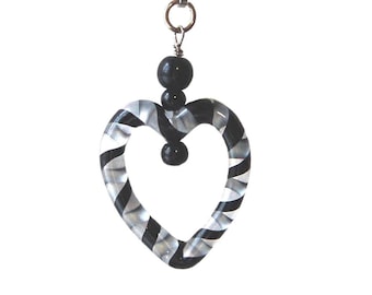 Black and White Striped Glass Heart Purse Charm or Zipper Pull