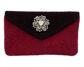Raspberry and Black Felted Clutch, Red and Black Evening Bag, Party Bag, Gifts for Her, Wedding Clutch Bag, Wedding Purse