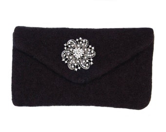 Midnight Black Felted Clutch, Evening Bag, Party Bag, Gifts for Her, Wedding Clutch Bag, Wedding Purse