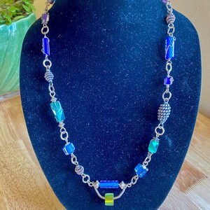 Handmade 925 Sterling Silver Artisan necklace, wire wrapped colorful furnace glass beads, solid sterling beads