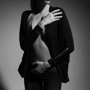 Black oversized kimono cocoon shrug vest | overlayer hoodie cardigan, handmade dark boho gothic  jersey jacket with long leather sleeves