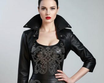LYNX genuine leather bolero dramatic biker jacket with short sleeves | made to fit designer rocker couture