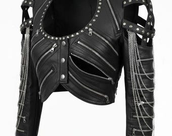 Obsidian Vanta Cropped Leather Biker Jacket – Handcrafted Darkwear Couture Statement Piece