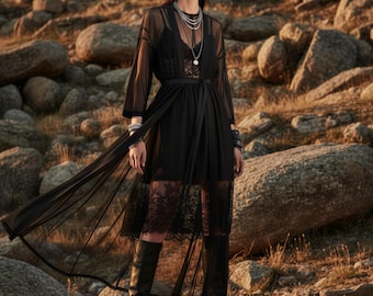 Neo Noir Sheer X-ray Duster Cloak | Long Kimono Architectural Neo Gothic Fashion Piece with a Sateen Belt