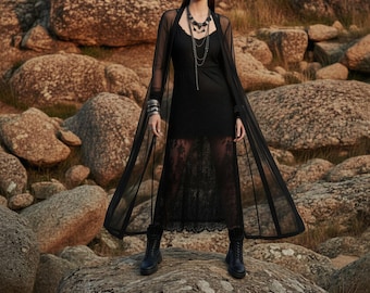 Neo Noir Sheer X-ray Duster Coat | Neo Gothic Darkwear layering longline shrug