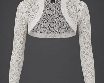 Éclaire Wedding Bolero, Ecru White Lace Bolero with Thumbholes, Fitted Stretch Lace Shrug for Bridal Corset Styling & Special Occasion Layer
