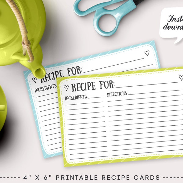 Printable Recipe Cards 4 Colours Blue Green Orange Pink DIY Kitchen Printable / 4x6 / INSTANT DOWNLOAD / 704