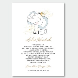 Patenbrief - Elefant mit Krönchen - Geschenk Taufe, Namensbild, Kinderposter, Geburtsbild, personalisierbar