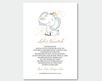 Patenbrief - Elefant mit Krönchen - Geschenk Taufe, Namensbild, Kinderposter, Geburtsbild, personalisierbar