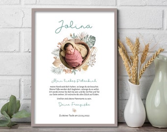 Patenbrief - Boho Flora mit Foto - Geschenk Taufe, Namensbild, Kinderposter, Geburtsbild, personalisierbar