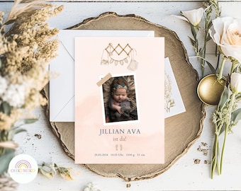 Card birth digital, birth announcement, birth announcement, baby announcement, digital download baby announcement boho, postcard baby announcement