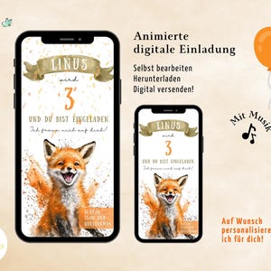 Digital invitation birthday fox, eCard, digital invitation kids, WhatsApp invitation music, animated invitation music, canva invitation
