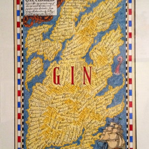 May include: A framed artwork titled "GINISLES" depicts a map-like illustration of a landmass, filled with cocktail names. The word "GIN" is prominently displayed in red. A ship sails on the blue sea, and the border is red, white, and blue.