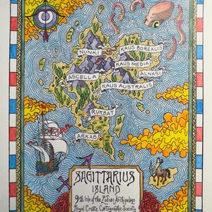 May include: Hand-drawn map of Sagittarius Island, featuring a detailed depiction of an island with mountains, forests, and surrounding waters. The map includes a sailing ship, an archer, and an octopus. The title "Sagittarius Island" is prominently displayed.