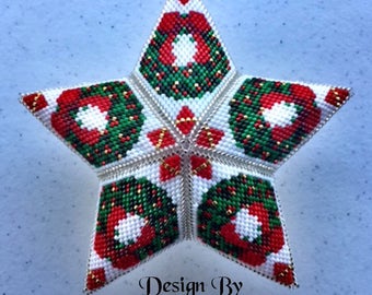 Christmas Wreath Star, 3D Peyote Star, Warped Square, Peyote Stitch, Peyote Star Pattern, Beading Pattern