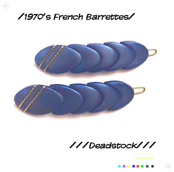 1970's Blue & Gold Barrettes, Vintage French Barr… - image 2