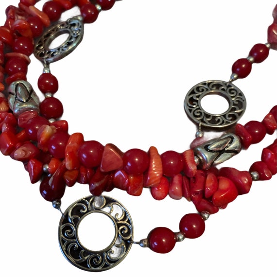 Vintage 3 Strand Red and Silver Beaded Necklace - image 2