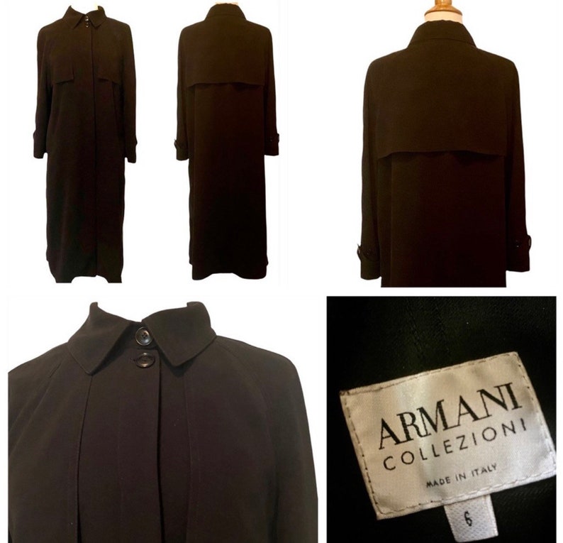 May include: A long black trench coat with a button closure and a collar. The coat has a label that reads "ARMANI COLLEZIONI MADE IN ITALY" and a size tag that reads "6".