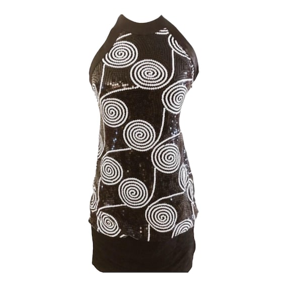 cache sequin dress 1990's Cache Sequin Mini Dress, Sleeveless Cocktail or Prom Dress in Black  & White, Mini Halter Dress, Size 2