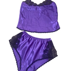 1980’s Christian Dior Camisole & Tap Pants Lingerie Set in Purple with Black Lace, Designer Vintage Lux Lingerie Cami Terri Dior, Small