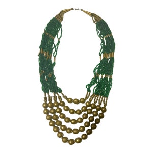 1970’s Multi Strand Beaded Necklace  in Green & Gold, Boho Bohemian African Beaded Necklace