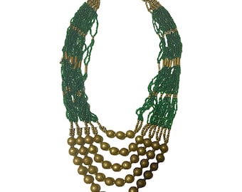 1970’s Multi Strand Beaded Necklace  in Green & Gold, Boho Bohemian African Beaded Necklace