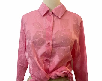1980’s Vintage  Semi Sheer Button Down Blouse, Solid Baby Pink Floral Top with Long Sleeves , Small or Medium, Bust measures 18” Flat