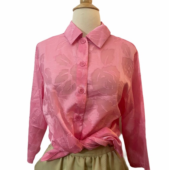 Vintage Pink Sheer Floral Blouse, Small, 1980’s F… - image 1
