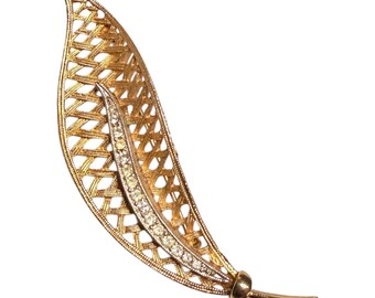 1950’s Leaf Brooch with Rhinestones in Gold, Vintage Estate Jewelry, 3”