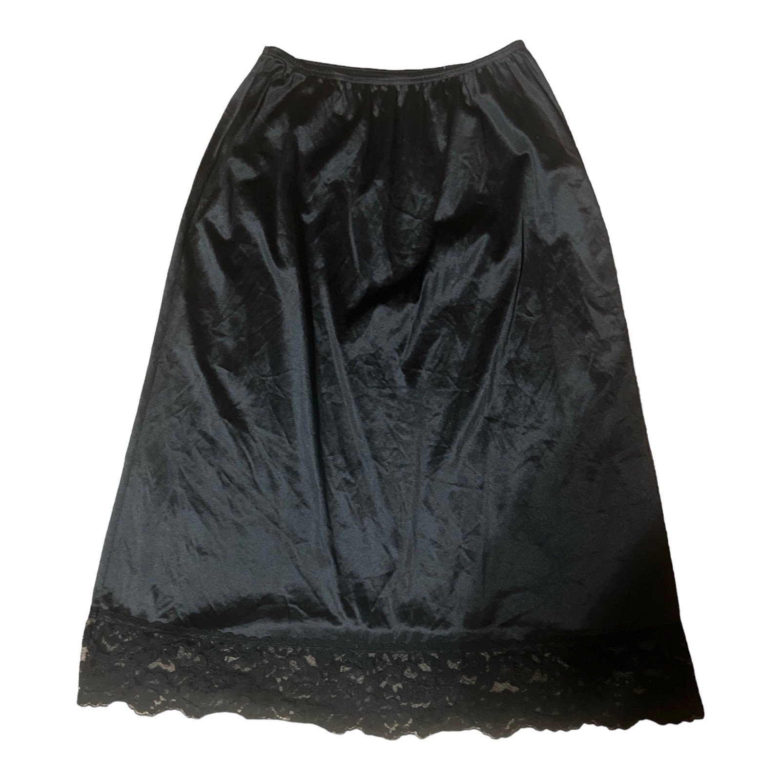 Vintage Knee Length Black Half Slip With Lace Trim, Silky Black