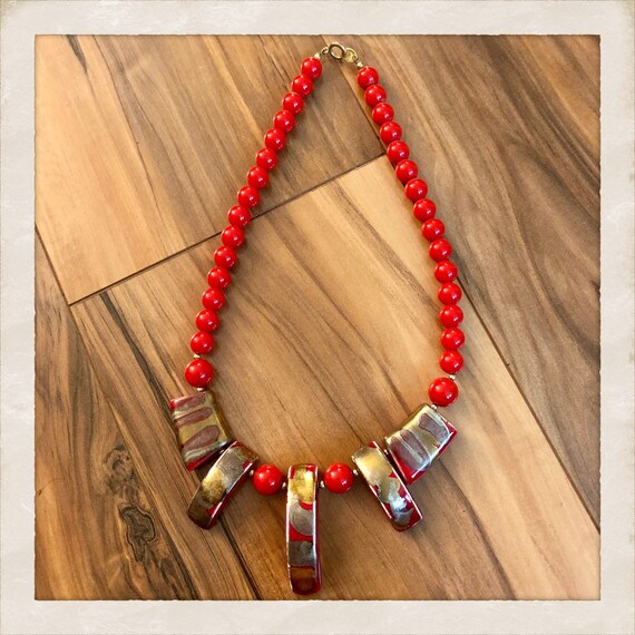 Cool 1980’s Vintage Red & Gold Necklace, Marked J… - image 3