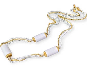 Vintage Monet Long Necklace in Gold & White , Enamel Chains with White Beads, Signed Costume Jewelry,  27” Long