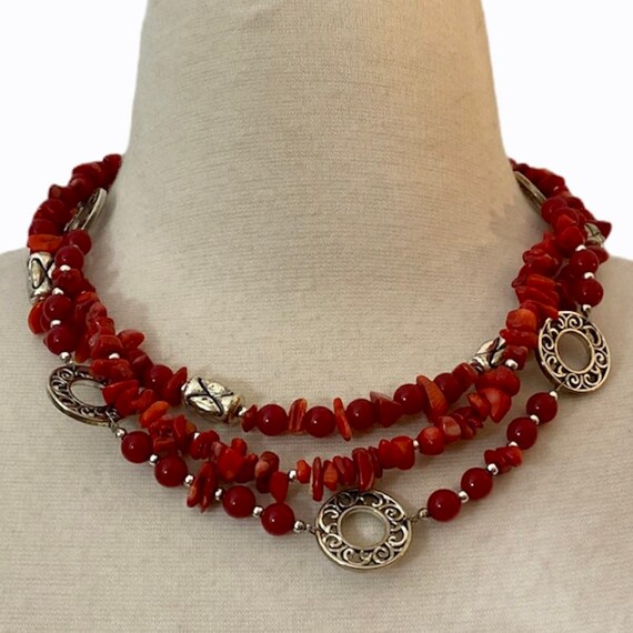 Vintage 3 Strand Red and Silver Beaded Necklace - image 3