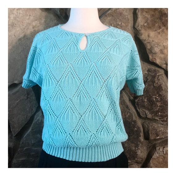 Vintage 1980’s Knit Short Sleeved Top, Blue, Med,… - image 2