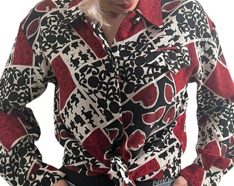 1990’s Vintage Blouse, Bold Print Button Down Shirt in Red, Black & White Button Up Blouse, Lightweight Collared Blouse