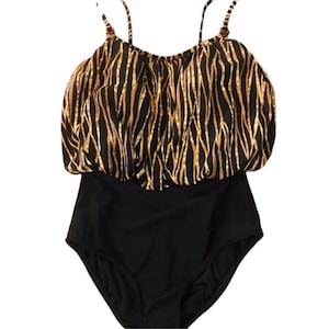 Eendelig badpak met luipaardprint en bloes uit de jaren 80, jaren 80 eendelig turnpakje met dierenprint, medium