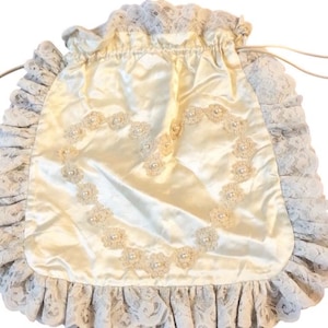 Borsa porta soldi da sposa vintage anni '50, in seta (?) e pizzo écru