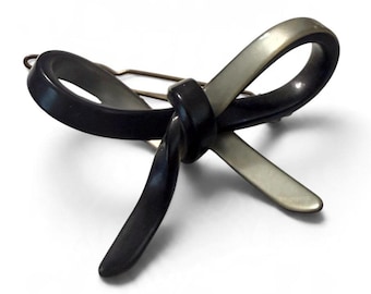 Vintage 3D Bow French Barrette in Black & Silver, Statement Hair Clip, Deadstock