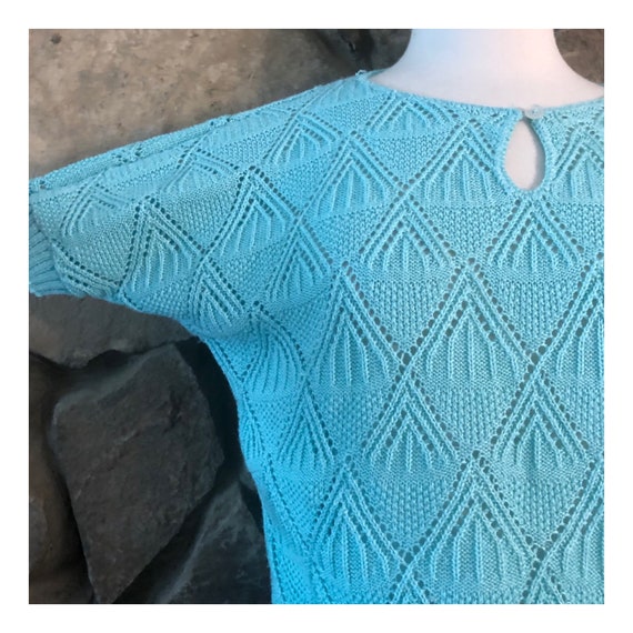Vintage 1980’s Knit Short Sleeved Top, Blue, Med,… - image 3