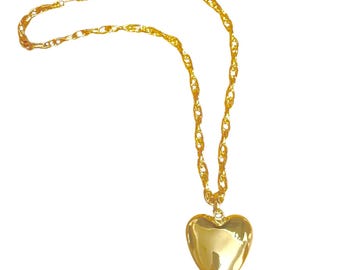 Handmade Big  Gold Filled Puffy Heart Pendant Necklace with a Thick Chain, 9.5” Long