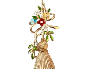 Unique Vintage Gold Broom Brooch with Colorful Flower and Bow Detail, 2.45” Tall