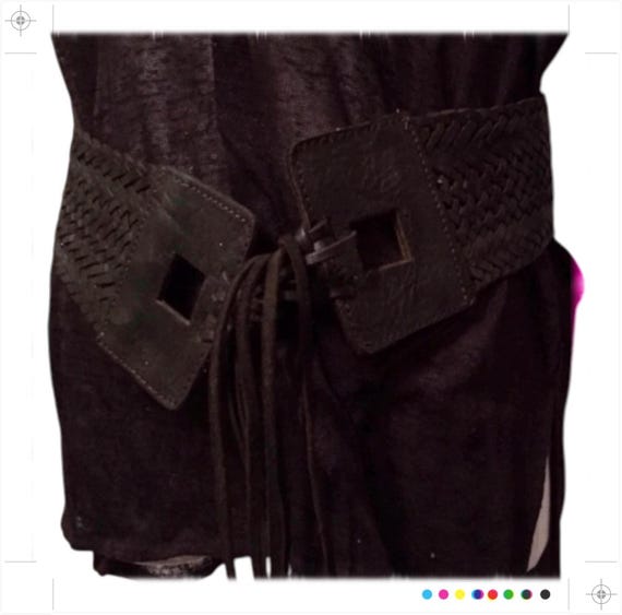 Y2K Bohemian Wide Leather Woven Hip Belt W/ Fringe in Black  display picture 1