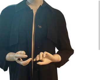 1980’s/1990’s Armani Italy Mulberry Silk Black Trench Coat or Dress Coat, Medium Size 6, Capsule Wardrobe