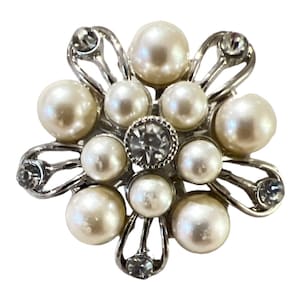 Mid Cenrury Vintage Rhinestone & Pearl Starburst Brooch, 1.5” x 1.5”