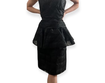 1980’s Black Midi Peplum Cocktail Dress with Soaghetti Straps, Vintage LBD Party Dress, Small or Medium  28” Waist