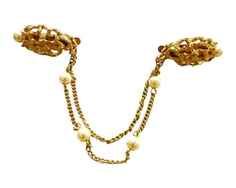 1950’s Vintage Gold Double Chain Sweater Clip with Pearl Accents, 7” Long
